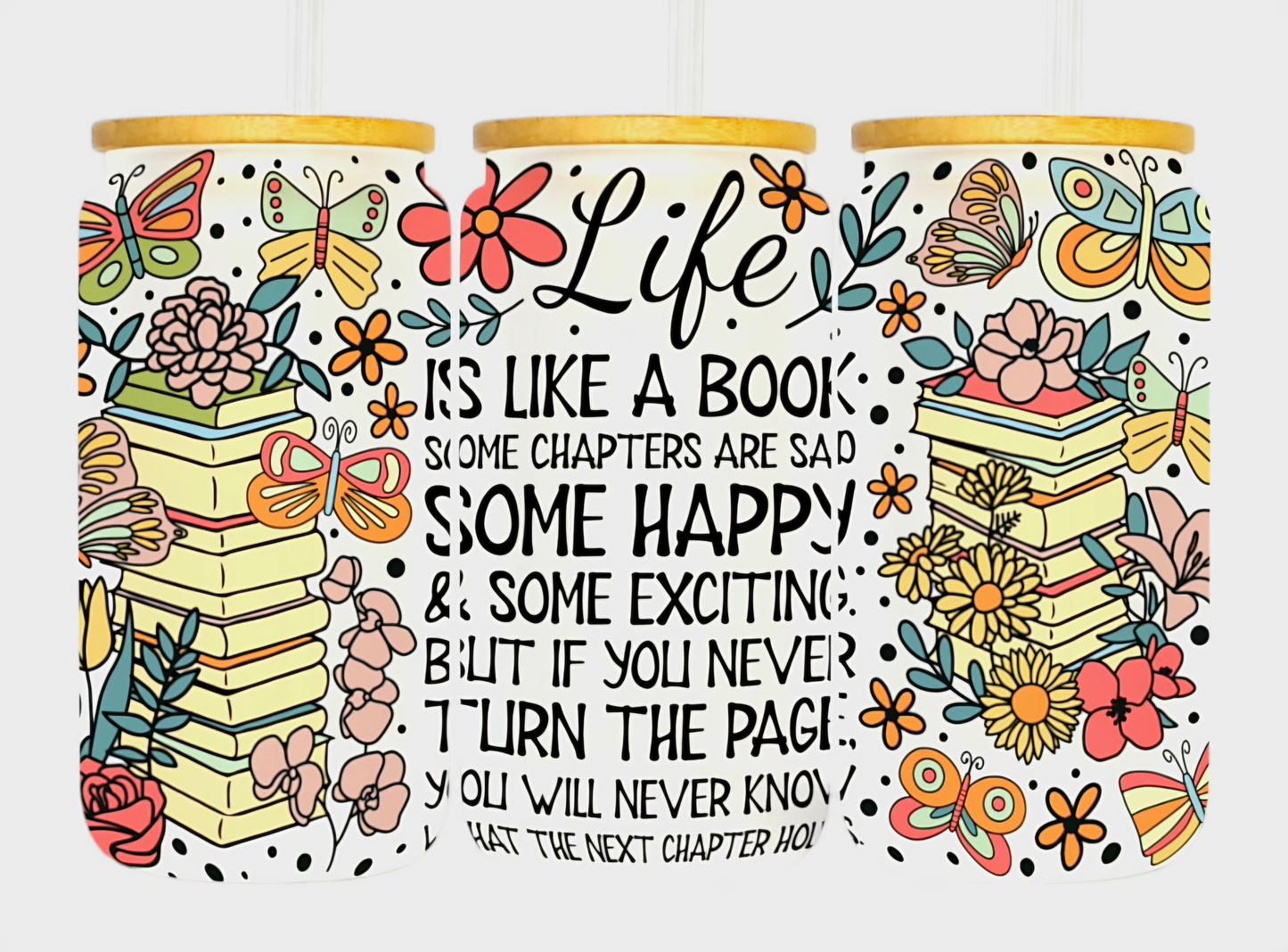 16oz "Life is like a Book" White Holographic Glass Cup